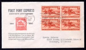 US 894 Pony Express Block of Four Grimsland Typed FDC