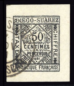 French Colonies, Diego Suarez #J2 Cat$140, 1891 50c black, used, large margin...