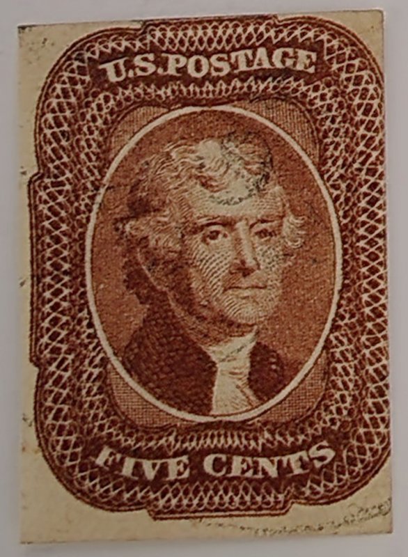 Scott Stamp#12 - 1856 5c Jefferson, Used.  Red Brown. Vivid color. Light cancel