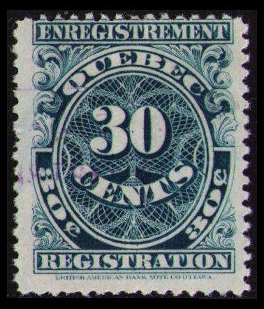 QUEBEC REVENUE TAX 1912 SCARCE VINTAGE 3Oc #QR20 2nd ISSUE PERF 11x11 FINE USED