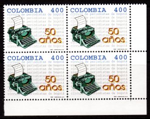 Colombia 1997 Sc#1133 BOGOTA JOURNALIST ASSOC.50th.ANNIV. TYPEWRITER Block of 4