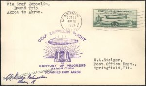 USA 1933 Graf Zeppelin Akron-Akron Chicagofahrt C18 Mi353 Cover Postmaste 111126