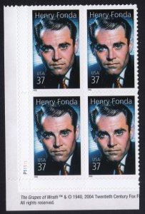 Scott #3911 Henry Fonda (Legends of Hollywood) Plate Block of 4 Stamps - MNH