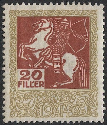 HUNGARY 1914 Barefoot 343, 20f  MLH Revenue, Archer on Horse