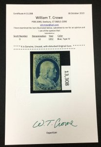 MOMEN: US STAMPS #9 MINT OG H CROWE CERT LOT #84102