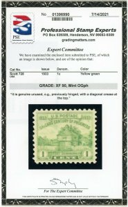 US Stamp #728 Century of Progress 1c, PSE Cert - XF 90 - MOGNH - SMQ $20.00 