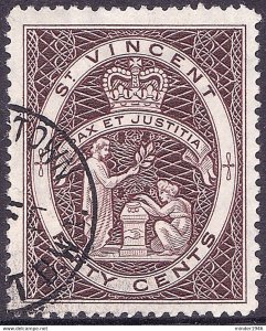 ST VINCENT 1964 QEII 50c Chocolate Watermark W12, Perf 12.5 SG211 FU