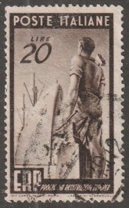 Italy, stamp, scott#517,  used, hinged,  20, Lire, brown