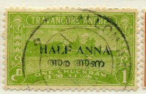 INDIA TRAVANCORE;  COCHIN 1949 surcharge fine used HALF ANNA value PERF 11