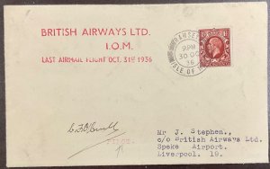 British Airways LTD 1936 Last Flight Isle of Man Cover - Signed by the Pilot