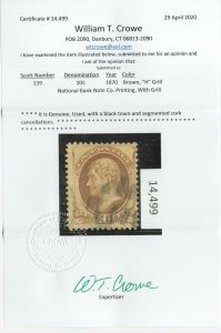 #139 Used Fine Light Cancel w/Crowe Cert. SCV. $800 (JH 7/2)