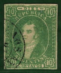 ARGENTINA Stamp Scott.9 10c Green (1864) RIVADAVIA Used CDS* Cat $1,750 3GREEN51
