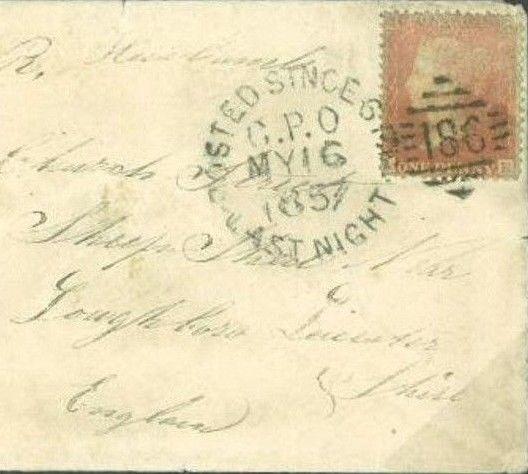 J43b 1857 GB IRELAND Dublin Posted Since Last Night *PSLN6* Duplex 1d Red Cover