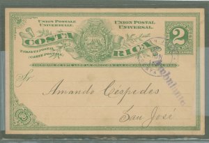 Costa Rica UX 1896 2 cent green P.C. Used from Limon; Note 'Amrolante' San Jose arrival. Long message