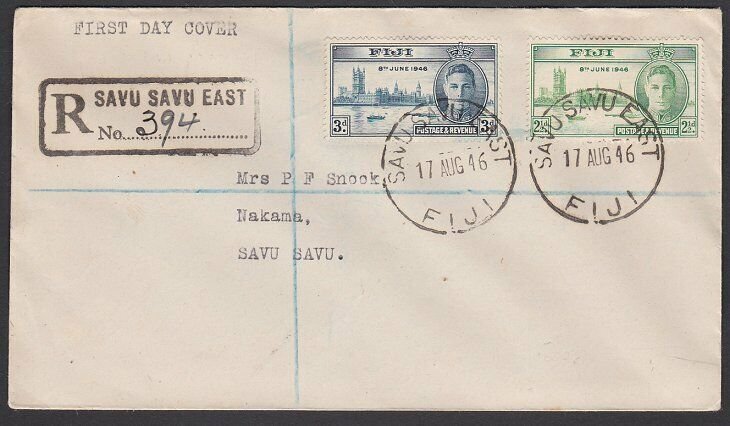 FIJI 1946 Victory Registered FDC ex SAVU SAVU EAST..........................F920