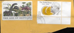 US #1390,3504 used on piece. Dinosaurs, Nobel Prize with plate #. Nice