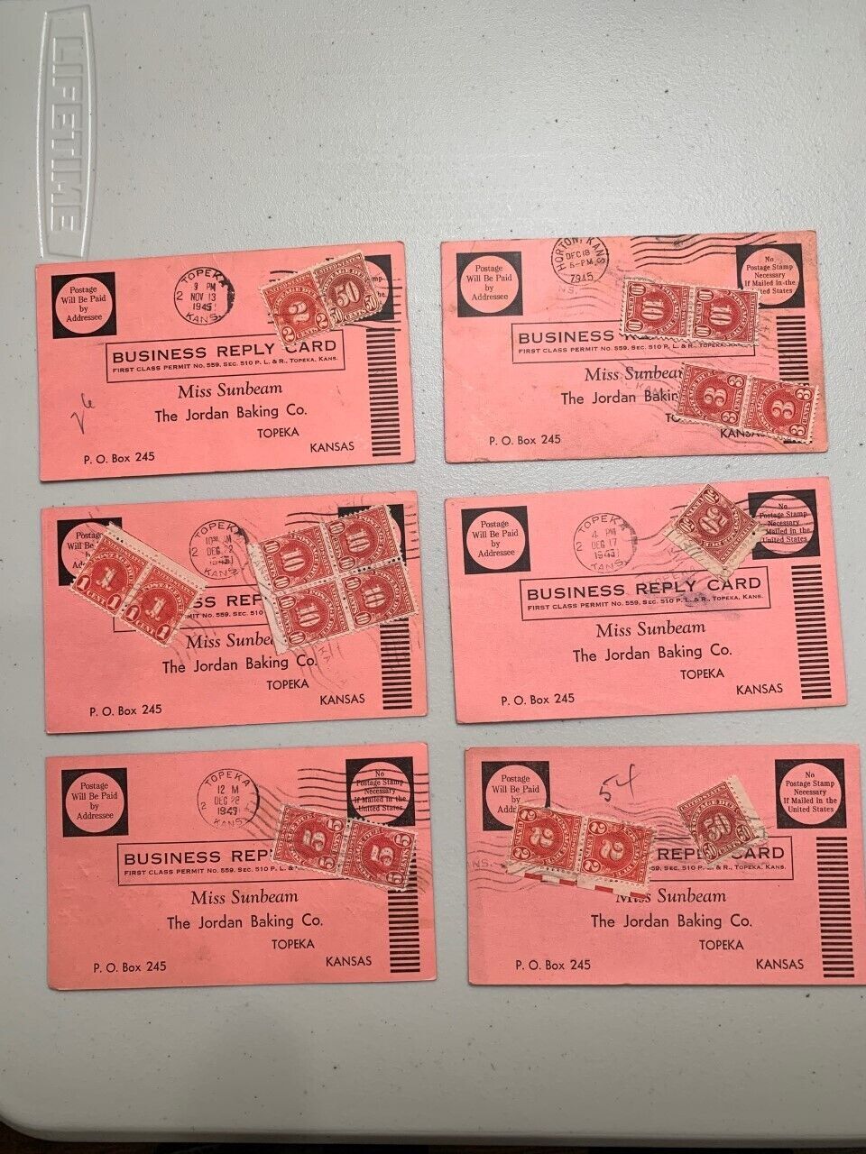 6 business reply card with post due stamps 1945 United States