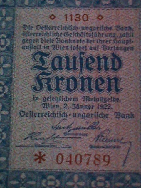 AUSTRIA-AUSTRIAN GOVERNMENT FIRST $1000 KRONEN-UN-CIRCULATED-102 YEARS OLD