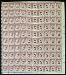 Scott J88 POSTAGE DUE (1/2 Cent) Sheet of 100 US Stamps MNH 1959