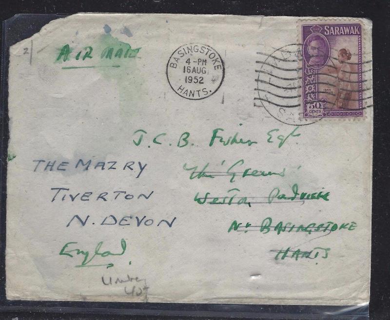   SARAWAK POSTAL HISTORY (PP1509B) 1952 KGVI 50C A/M LIMBANG TO ENGLAND, PART OF