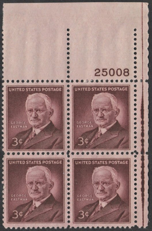 SC#1062 3¢ George Eastman Plate Block: UR #25008 (1954) MNH