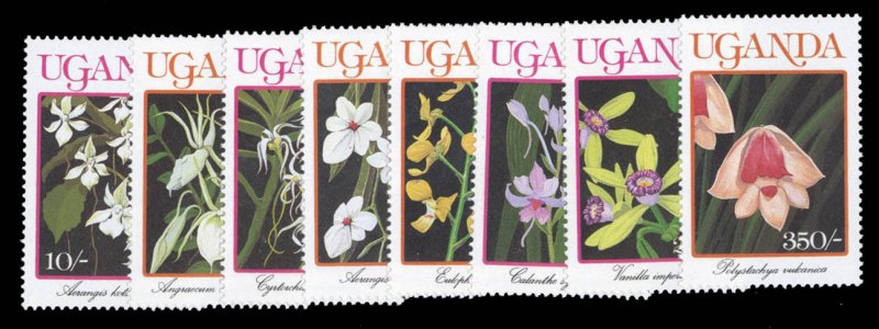 Uganda #747-754 Cat$14.95, 1989 Orchids, complete set, never hinged