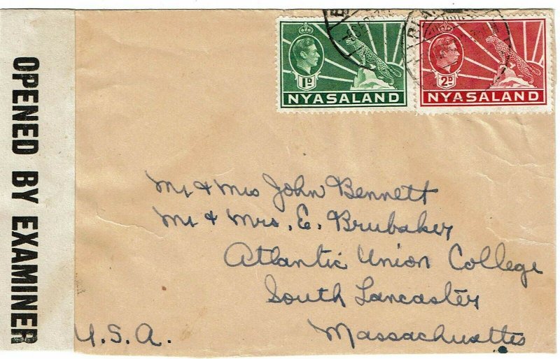 Nyasaland 1943 Blantyre cancel on cover to the U.S., censored