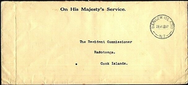 COOK IS 1937 Scarce OHMS cover to Rarotonga - DANGER ISLAND cds...........18499