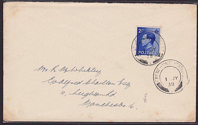 GB 1938 cover CREWE - MANCHESTER S.C. railway sorting carriage cds..........6433