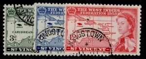 ST. VINCENT QEII SG201-203, 1958 Caribbean set, FINE USED.