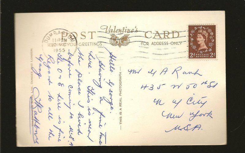 Great Britain SC#295 on PM 1955 Dumbarton Loch Lomond Postcard Used