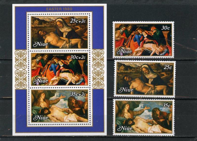 NIUE 1980 Sc#262-264,B37 EASTER PAINTINGS SET OF 3 STAMPS & S/S MNH