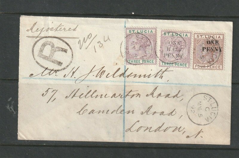 St Lucia 1892 Cover to UK, with QV 3d & 2 Opts, 1/2d on 3d & 1d on 4d, small St 