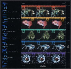 United States #3439-3443 33¢ Deep Sea Creatures.  Mini-sheet of 15. MNH