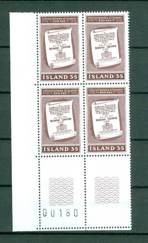 Iceland. 1976 Postal Service, 35 Kr,MNH. Plate # 00180. Block of 4. Scott# 493.