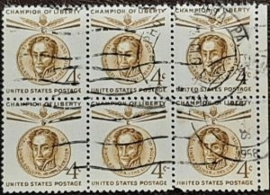 US Scott # 1110; used 4c S Bolivar from 1958; Block of 6; F/VF centering