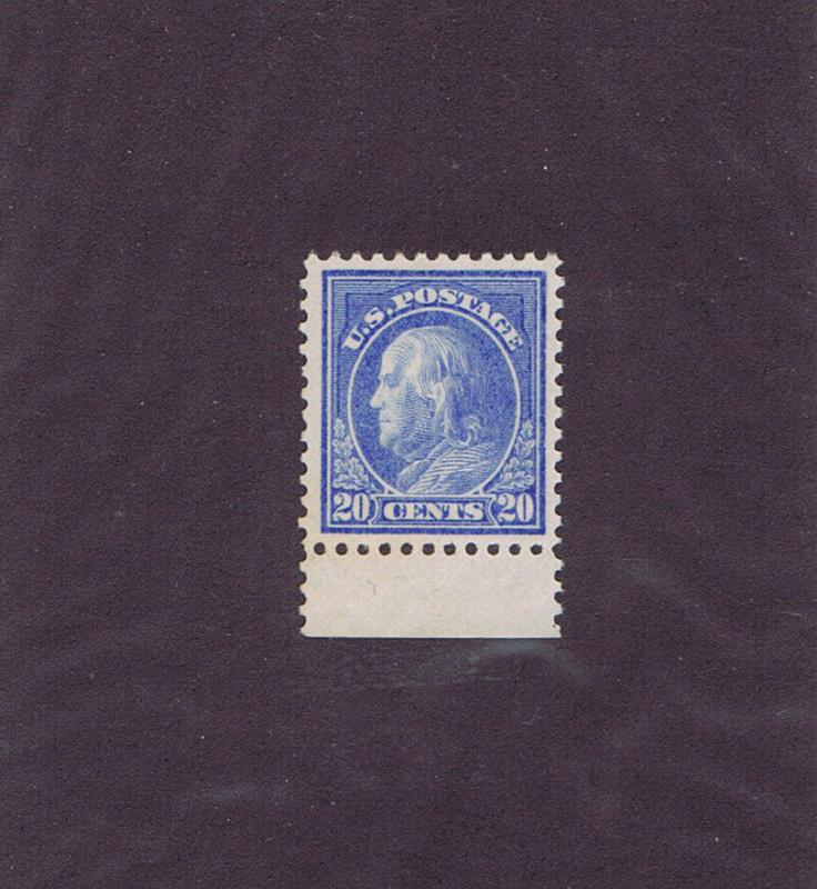 SC# 515 UNUSED OG MNH 20c FRANKLIN BOTTOM MARGIN, 1917, VERY FINE.  