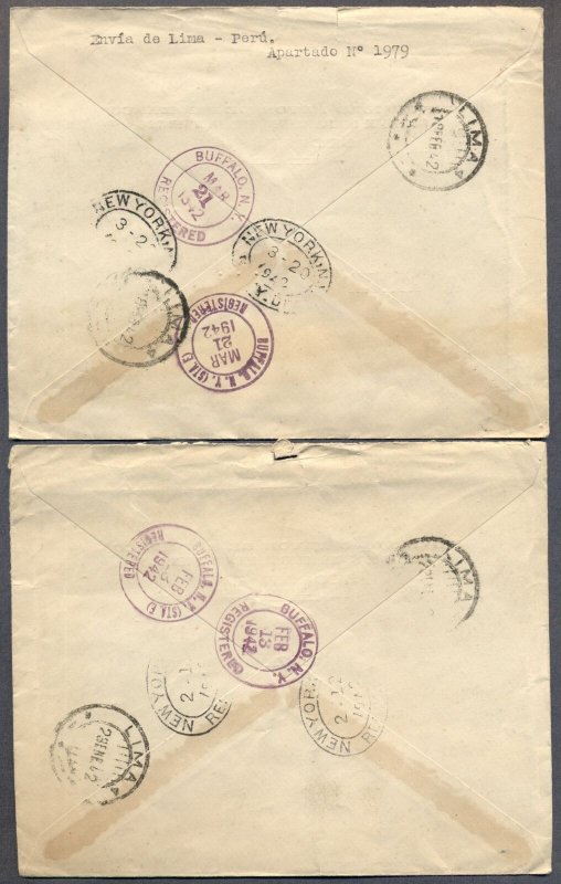 PERU to BUFFALO, NY: Two 1942 Registered Multi-Marking Covers from University