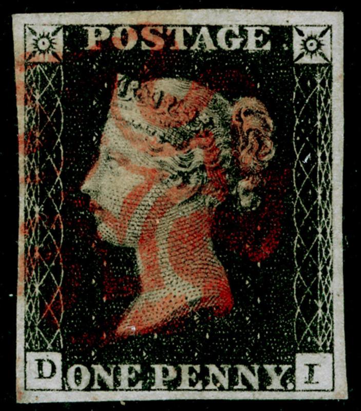 SG2, 1d black PLATE 6, FINE used. Cat £400. RED MX. 4 MARGINS. DI