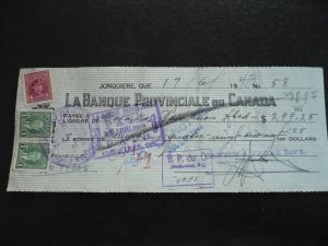 Canada - Revenue - KGVI Mufti & War Issue Stamps on cheque dated 1943