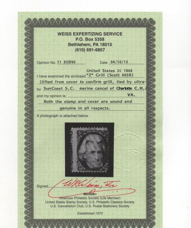 US Scott #85b Blackjack Z-Grill Blue Charlotte VA Marine CDS Weiss Certificate