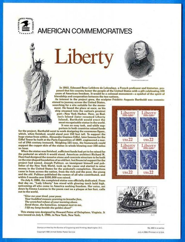 USPS COMMEMORATIVE PANEL #268 STATUE OF LIBERTY #2224