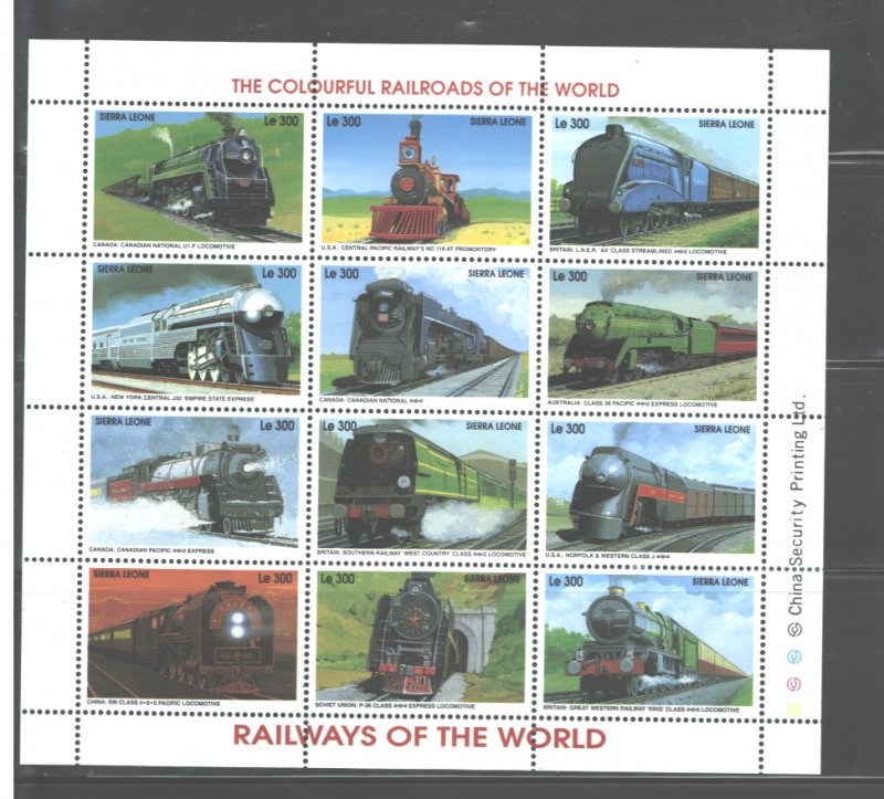 SIERRA LEONE  1995  TRAINS  M.S.  #1853a - l  MNH