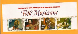 3212-15 Folk Musicians HEADER  Strip with Pl#  MNH. 1998