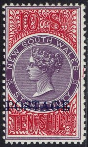 NEW SOUTH WALES 1894 QV POSTAGE 10/- VIOLET & ROSINE CHALKY PAPER PERF 12 X 11