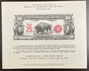 BEP B47 Souvenir Card Paper Money Show 1980  $10 Bison US Banknote