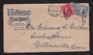 USA 1908 ESSEX HOUSE HOTEL COVER SALEM MASSACHUSETTS TO WILLIMANTIC CONNECTICUT