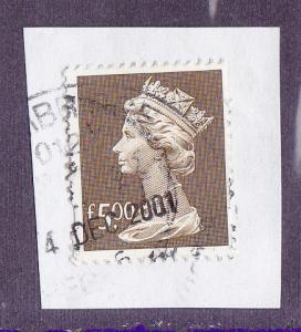 Great Britain # MH283, 5 Pound Stamp, Used on piece, 1/2 Cat