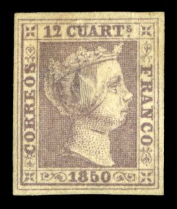 Spain #2 Cat$2,300, 1850 12 Cuartos lilac, unused with gum, margins all aroun...