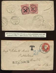 J24 & J25 Postage Due Used on 1893 Entire from Great Britain to Boston LV5523